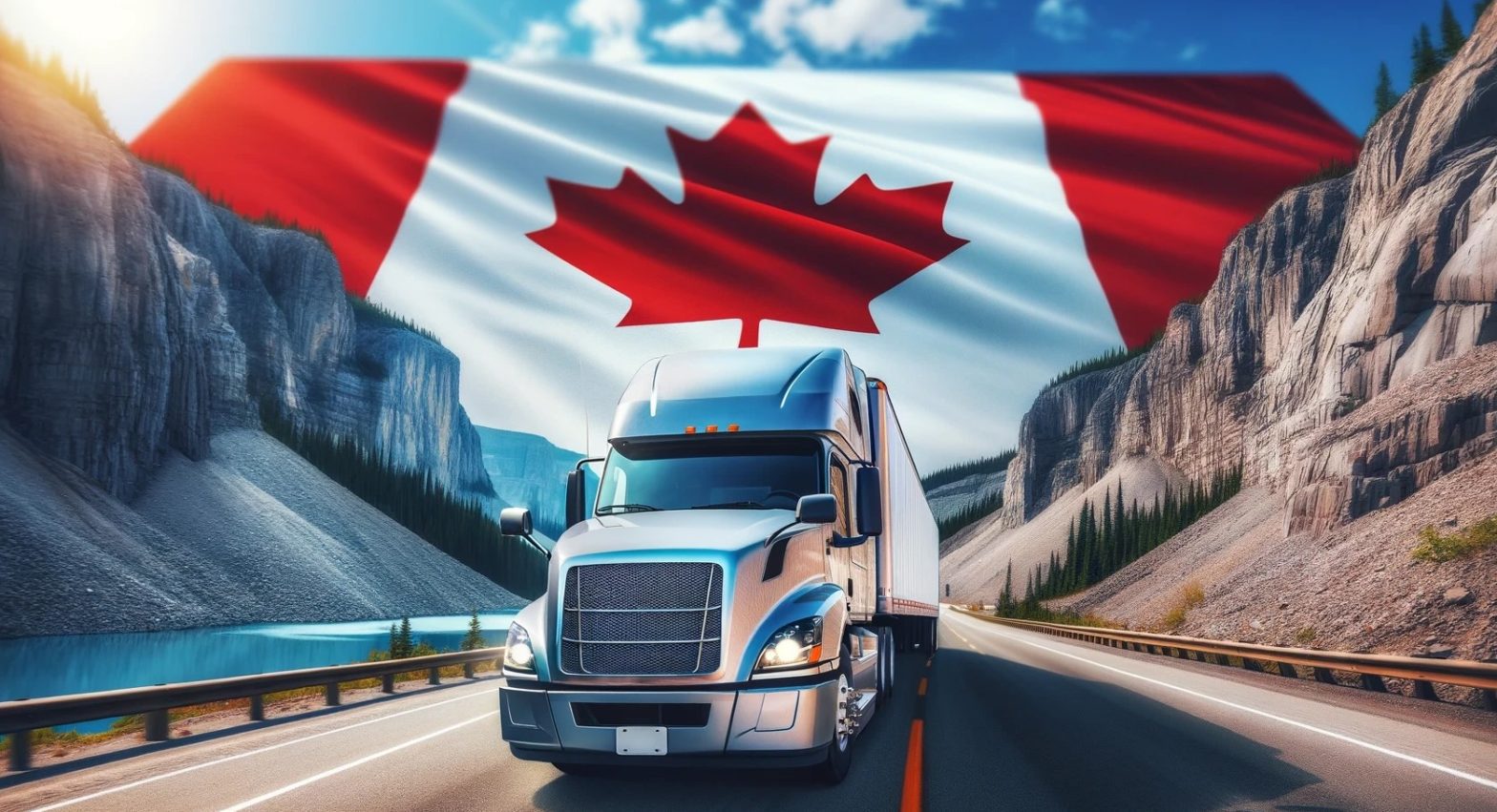 Semi-truck on a scenic Canadian highway with a large Canadian flag in the background