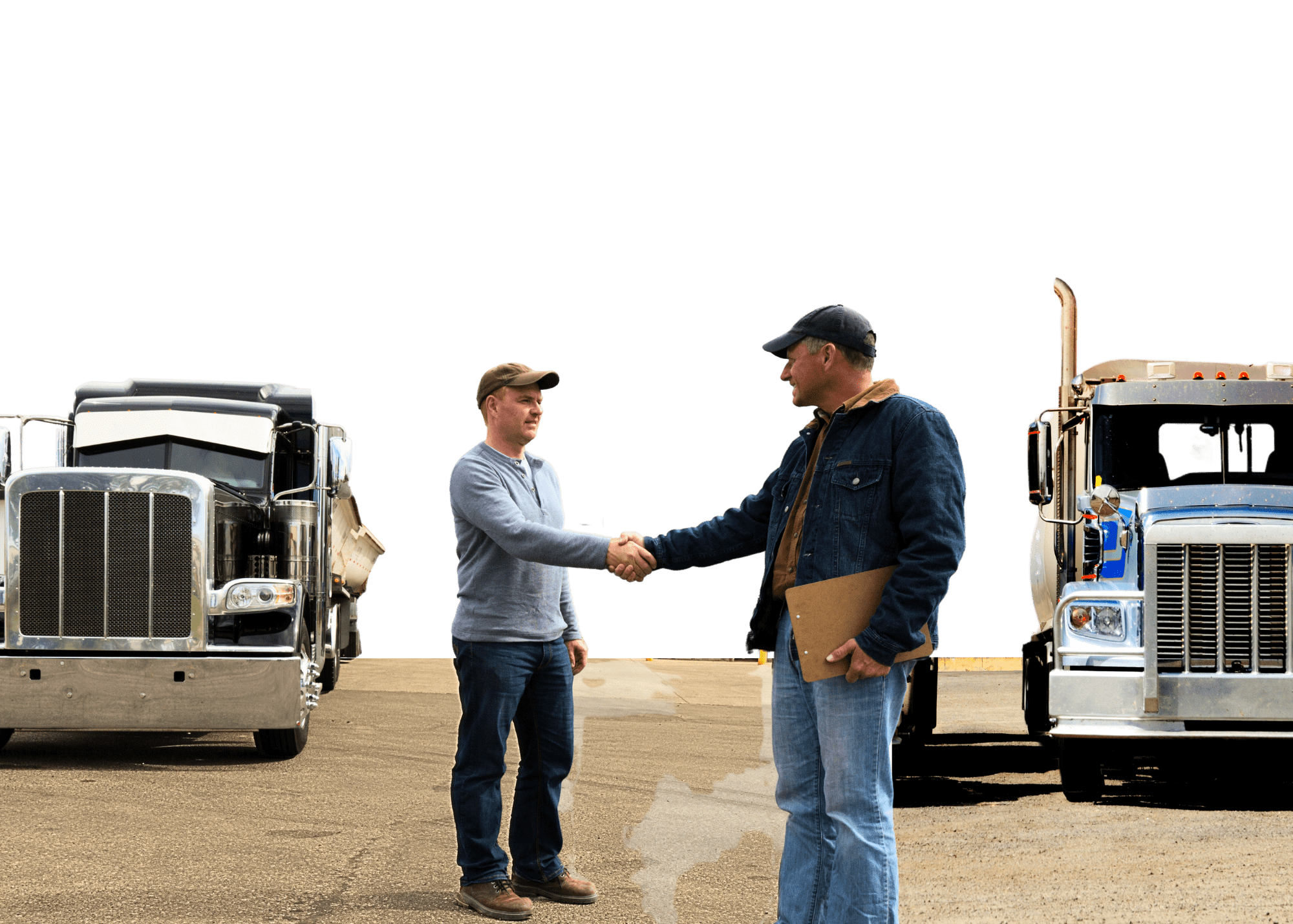 Two men shaking hands, each with a large semi truck behind them in the background